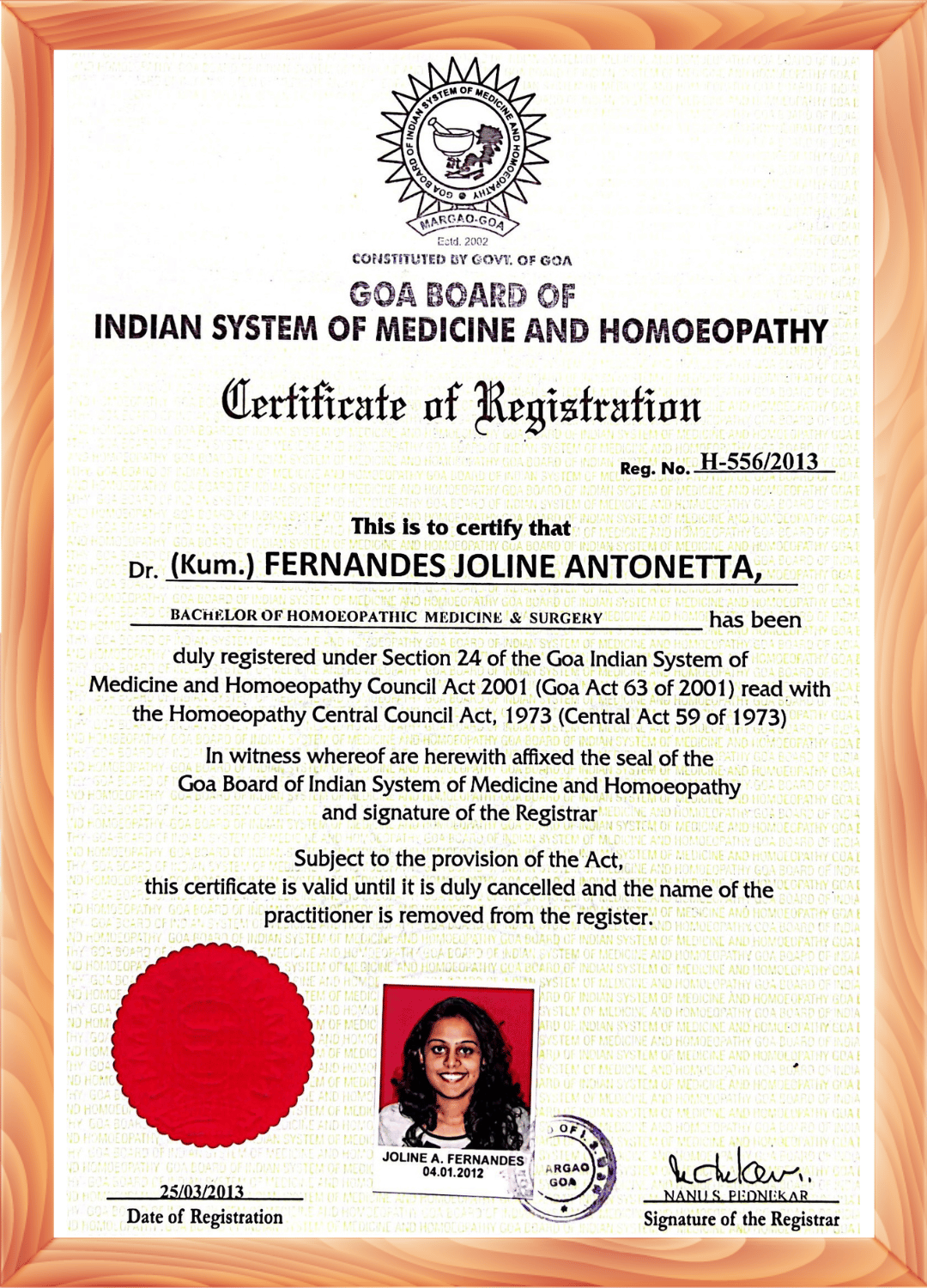 Certificate of Bachelor Of Homoeopathic Medicine & Surgery