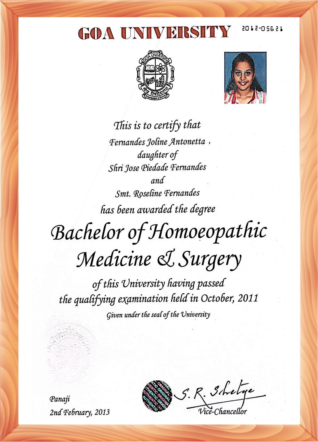 Certificate of Bachelor of Homoeopathic Medicine & Surgery