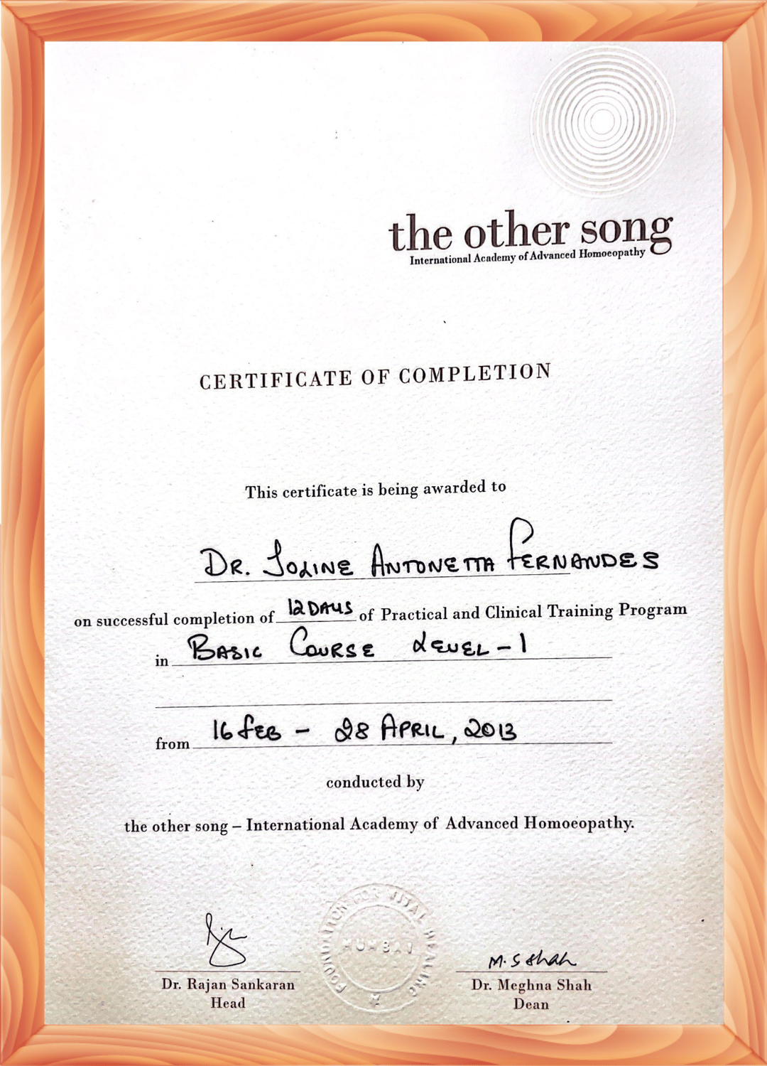 Certificate of Practical and Clinical Training